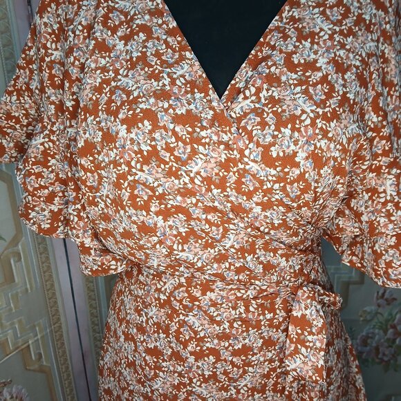 Terracotta Max Studio wrap carnation midi ruffle flutter dress size XL orig $128 - Picture 2 of 5